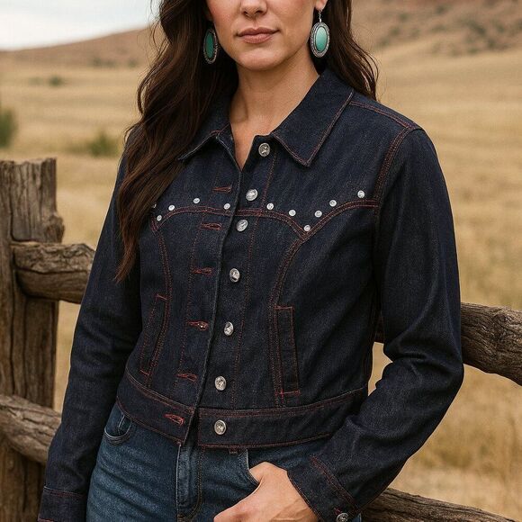 Unique Vintage Jackets & Blazers - Unique Vintage Dark Denim rhinestone Western Boxy Crop Jacket S